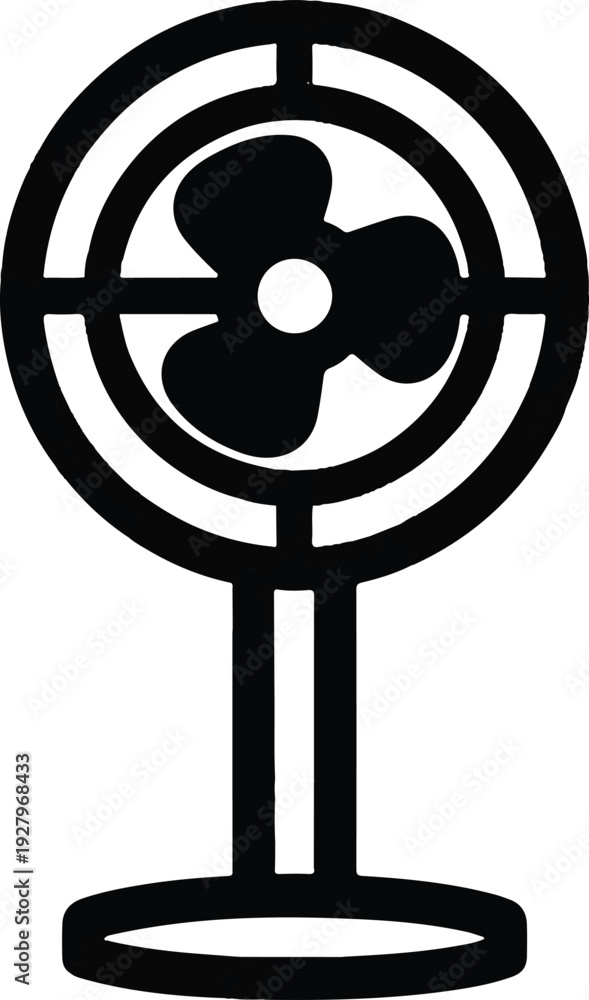 Obraz premium Black and white illustration of a pedestal fan on a white background, a common household appliance used for cooling