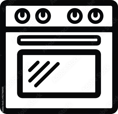 Simple black and white line art illustration of a kitchen oven with four burners on top and a glass door