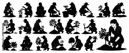 Women Silhouettes Collection Planting Trees and Gardening Activities Isolated on Transparent Background