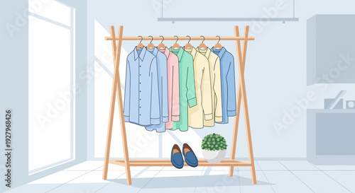 Clothing rack with assorted garments and accessories in a minimalist room.
