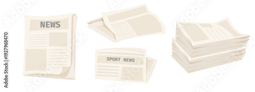 Newspaper pile, stack of magazines. News representing newspapers folded, news publications. Headline banner on the front page represents journalism, news, and print media.