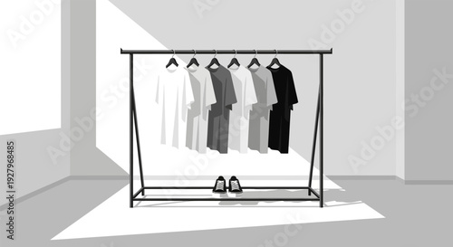Clothing rack with assorted garments and shoes in a minimalist room.