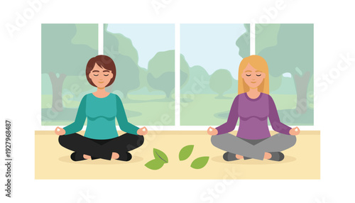 Two women meditating peacefully together indoors with serene park view