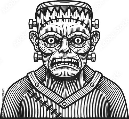 Monochrome frankenstein illustration vintage horror monster, stitched face bolts, scary expression, classic gothic creature drawing