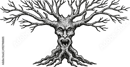 Spooky haunted tree with angry face and twisted branches dark fantasy forest spirit with gnarled roots and menacing expression