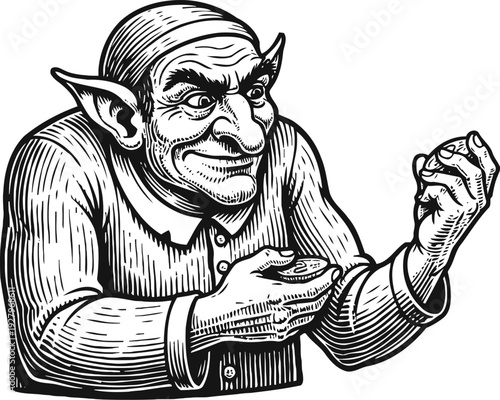 Greedy goblin character counting coins with mischievous smile in vintage engraving