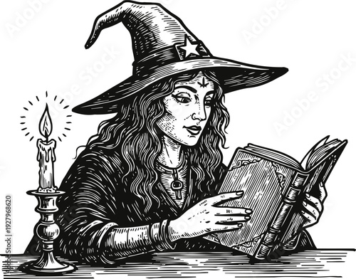 Witch reading ancient spellbook by candlelight female sorceress in pointed hat with mystical symbols