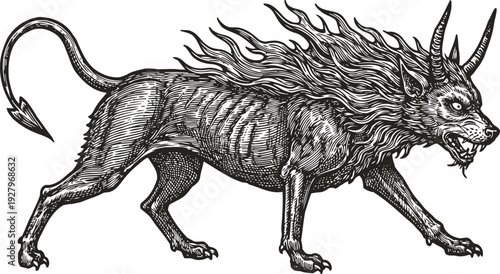 mythical chimera creature with lion body, dragon horns, fiery mane, and devil tail
