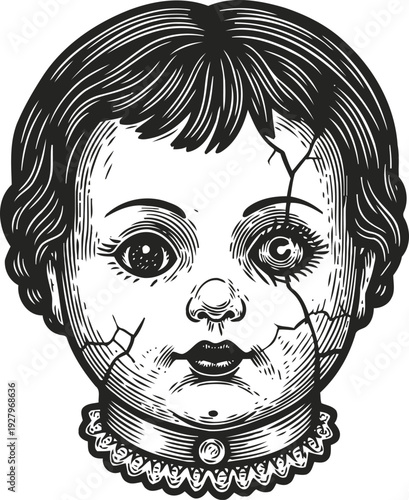 Creepy cracked vintage doll face illustration with detailed hair and lace collar