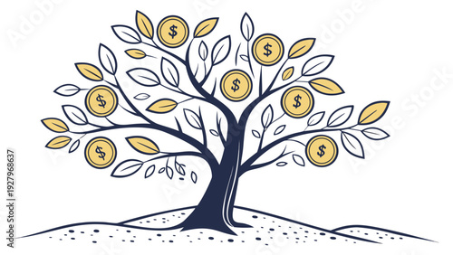 Financial Success Money Tree Flat Vector with Gold Coins for Savings and Wealth Planning