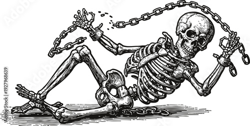Chained skeleton lying down with broken chains, detailed monochrome vintage illustration