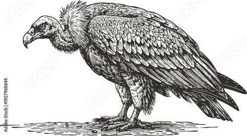 Detailed vintage vulture illustration bird of prey standing with intricate feathers and sharp beak in black and white drawing