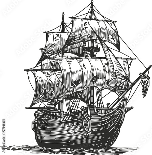 Antique sailing ship with torn sails and intricate wood carvings, vintage maritime vessel illustration