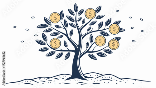 Financial Success Money Tree Flat Vector with Gold Coins for Savings and Wealth Planning