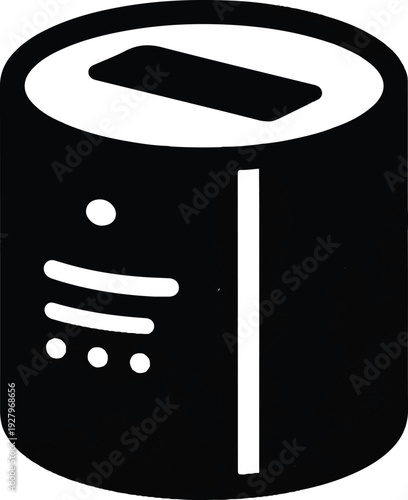 Simple graphic illustration of a cylindrical container with a rectangular top feature, suggesting a closed vessel or packaging, rendered in black and white for clear identification
