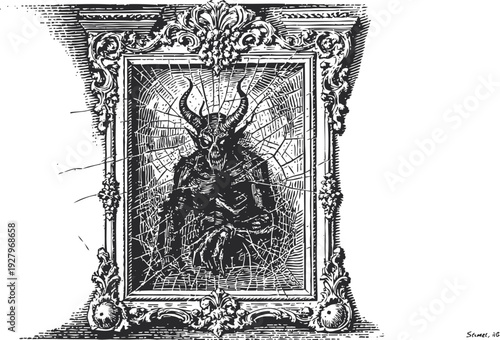 Ornate vintage frame with shattered glass and demonic horned figure portrait in gothic