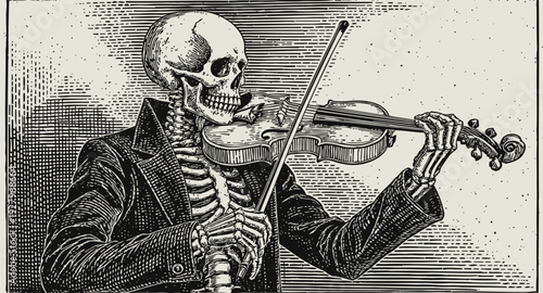 skeleton playing violin vintage illustration classical music, spooky theme, antique engraving art