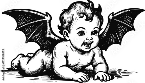 Vintage black and white illustration of a crawling baby with bat wings in gothic