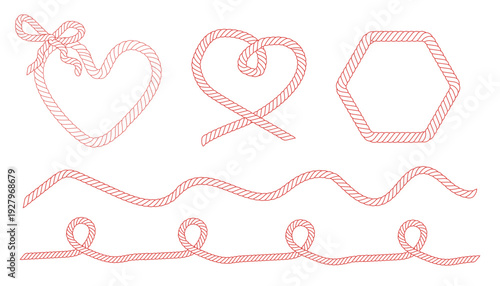 Rope frame set, heart cord. Red Bow with tied knot trendy frame template, border. String wreath with loops. Outline nautical style 