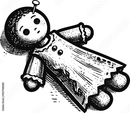 Vintage illustration of a voodoo doll with button eyes and stitched dress