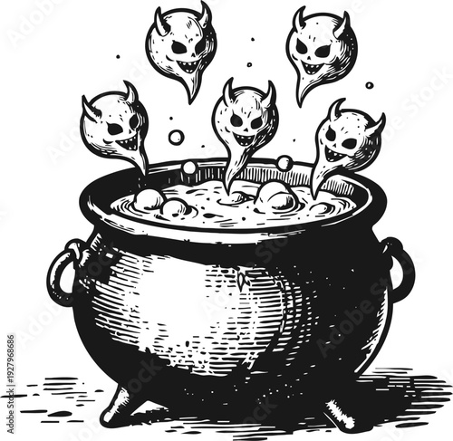Witch's cauldron with evil spirits rising, boiling potion and haunted magic illustration