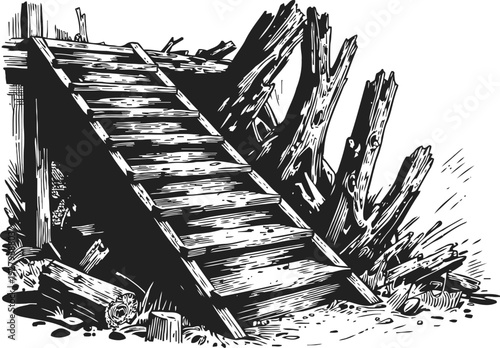 Broken wooden staircase leaning on fallen tree branches in black and white vintage