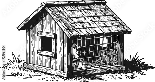 Rustic wooden dog kennel with wire mesh door, outdoor pet shelter and shaded grassy background