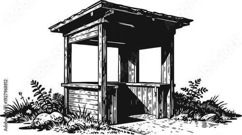 Rustic wooden bus stop shelter surrounded by plants and rocks in black and white illustration