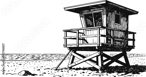 lifeguard tower on a sandy beach with clear sky and scattered stones in black and white sketch