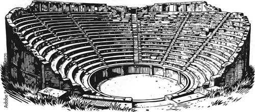ancient roman amphitheater sketch with tiered stone seating and central arena in black and white drawing