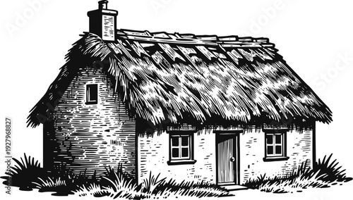 Rustic thatched roof cottage surrounded by grass and plants, vintage countryside home illustration