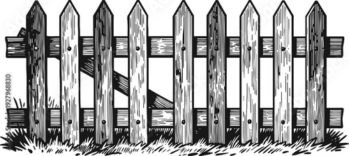 Rustic wooden fence gate with uneven planks and grassy base, vintage hand drawn illustration