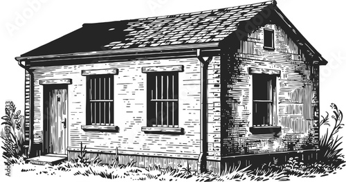 old brick house illustration with windows and door surrounded by grass and plants, vintage countryside cottage