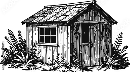 Rustic wooden garden shed with plants around, hand drawn black and white vintage illustration
