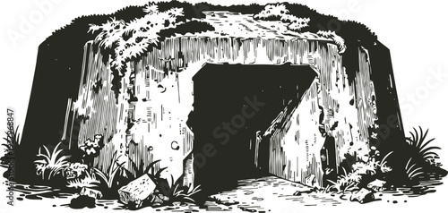 Ancient stone cave entrance carved into rock with surrounding vegetation and moss growth