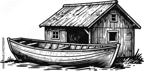 Wooden fishing boat and rustic boathouse beside waterfront, vintage engraved seaside illustration