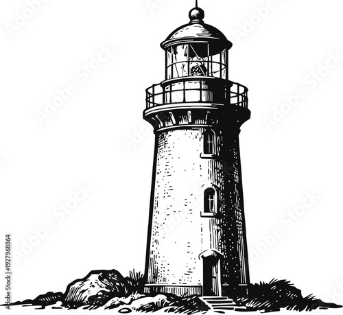 Classic vintage lighthouse illustration standing on rocky ground with detailed lantern and railing