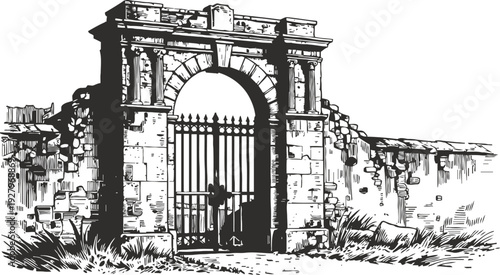Ancient stone gate with iron bars, weathered fortress entrance surrounded by broken walls and tall grass