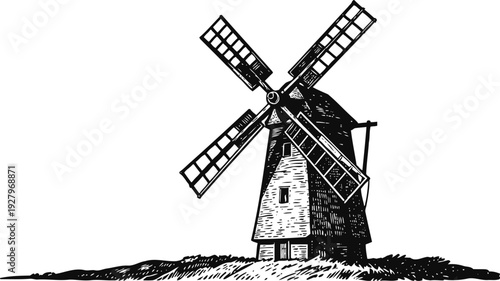 Classic vintage windmill with sails on grassy land traditional rural agricultural building illustration
