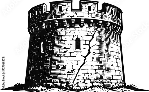 Cracked medieval stone tower illustration, round fortress castle wall with battlements and arched windows