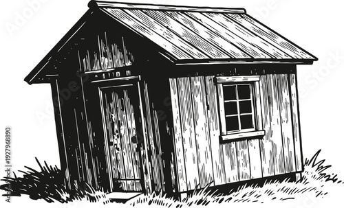 rustic wooden shed with window and door, small countryside cabin illustration