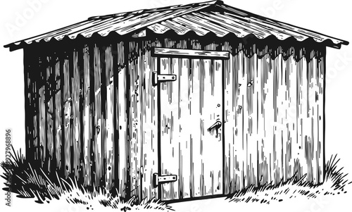 Rustic wooden garden shed with corrugated roof standing on grass, vintage countryside storage cabin illustration