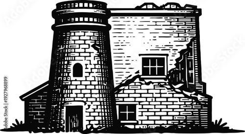 Abandoned stone tower and house illustration old brick building with broken walls and windows
