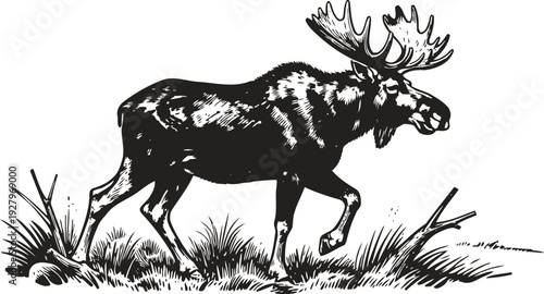 moose walking through forest grass large north american animal with antlers in natural wildlife habitat