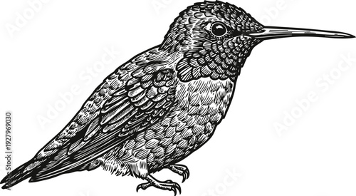 Detailed black and white hummingbird illustration with intricate feather texture and long slender beak