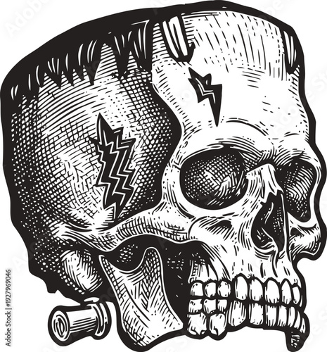 Vintage frankenstein skull illustration with bolts and lightning scars in monochrome engraving