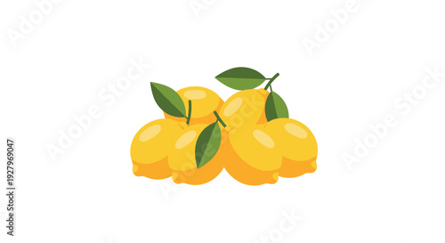 A small, vibrant cluster of approximately seven bright yellow lemons, adorned with fresh green leaves, is centrally arranged on a clean off-white background.