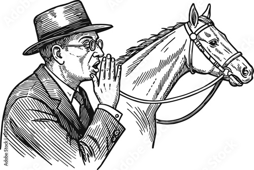 Man whispering advice to a horse, vintage illustration of human and animal communication