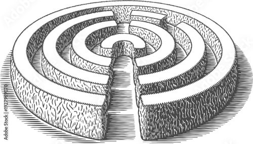 Circular maze with a cutout segment intricate labyrinth pattern with multiple concentric pathways and high walls
