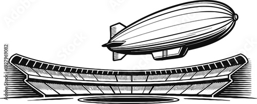 Vintage zeppelin flying over an empty stadium, retro airship above grandstand illustration